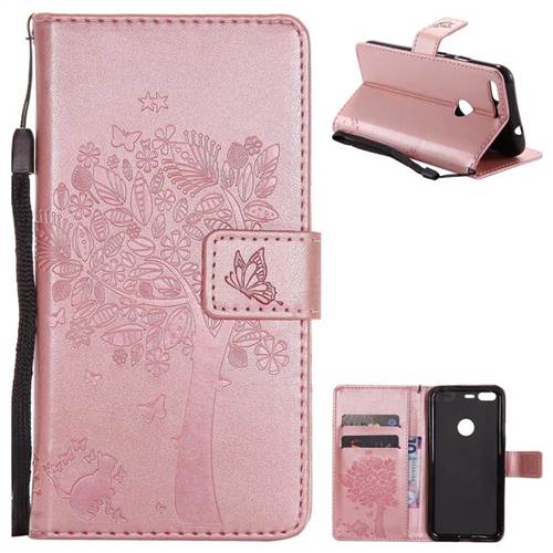 Embossing Butterfly Tree Leather Wallet Case for Google Pixel - Rose Pink