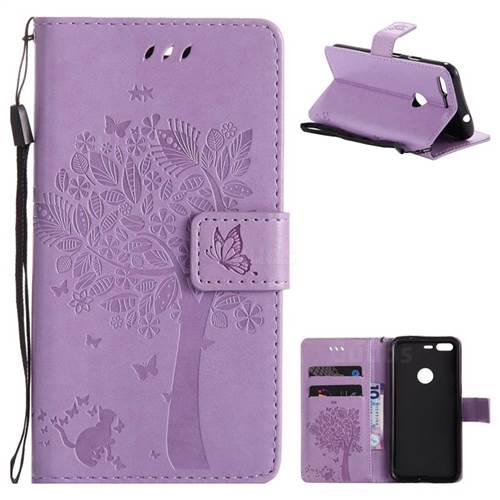 Embossing Butterfly Tree Leather Wallet Case for Google Pixel - Violet