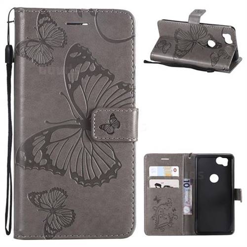 Embossing 3D Butterfly Leather Wallet Case for Google Pixel 2 - Gray