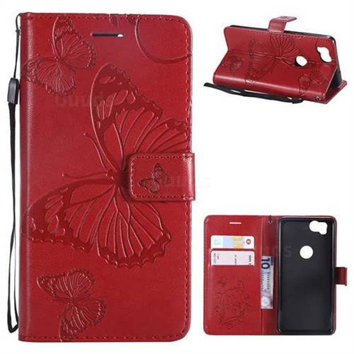 Embossing 3D Butterfly Leather Wallet Case for Google Pixel 2 - Red