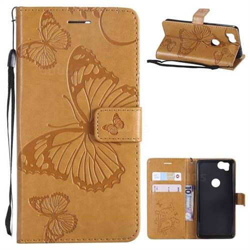 Embossing 3D Butterfly Leather Wallet Case for Google Pixel 2 - Yellow