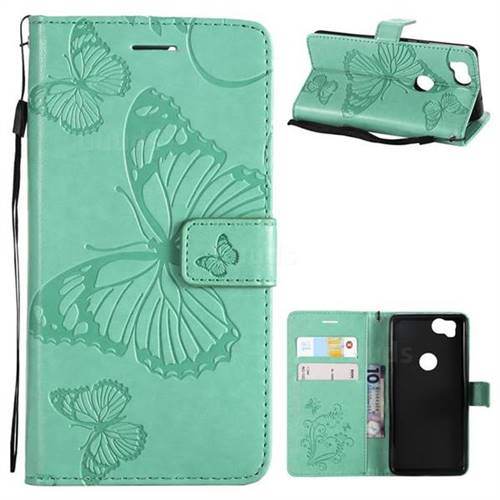 Embossing 3D Butterfly Leather Wallet Case for Google Pixel 2 - Green