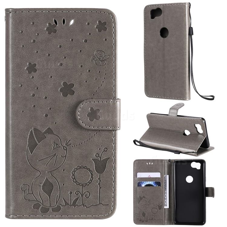 Embossing Bee and Cat Leather Wallet Case for Google Pixel 2 - Gray