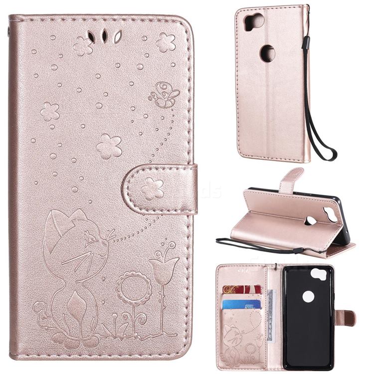 Embossing Bee and Cat Leather Wallet Case for Google Pixel 2 - Rose Gold