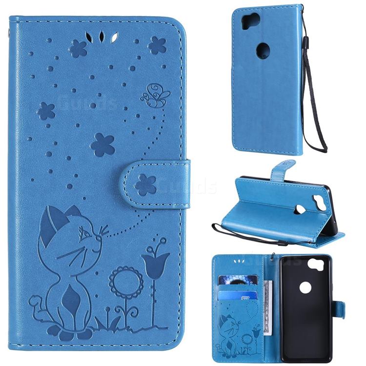 Embossing Bee and Cat Leather Wallet Case for Google Pixel 2 - Blue
