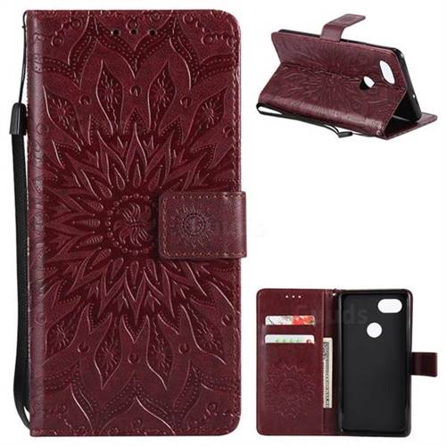 Embossing Sunflower Leather Wallet Case for Google Pixel 2 XL - Brown