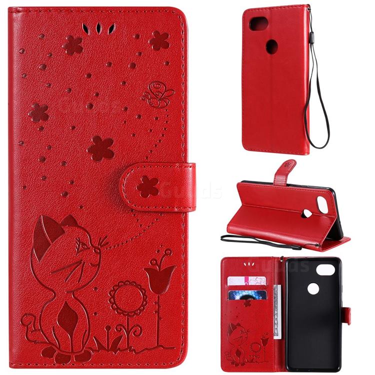 Embossing Bee and Cat Leather Wallet Case for Google Pixel 2 XL - Red
