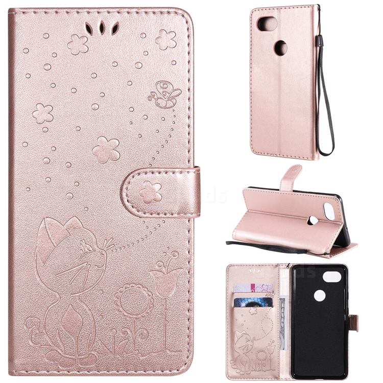 Embossing Bee and Cat Leather Wallet Case for Google Pixel 2 XL - Rose Gold