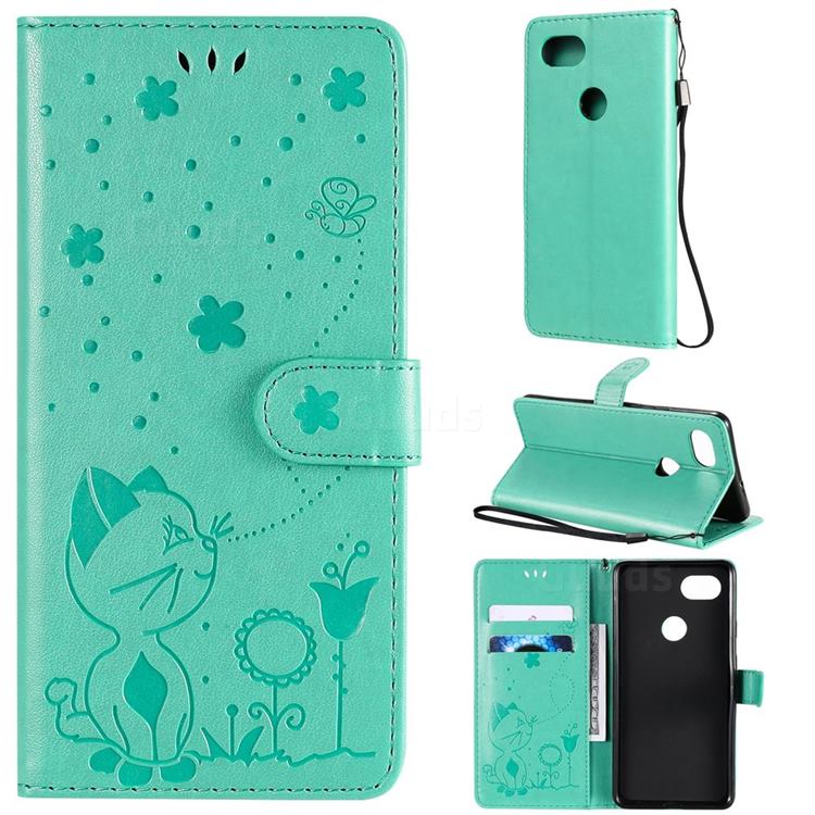 Embossing Bee and Cat Leather Wallet Case for Google Pixel 2 XL - Green