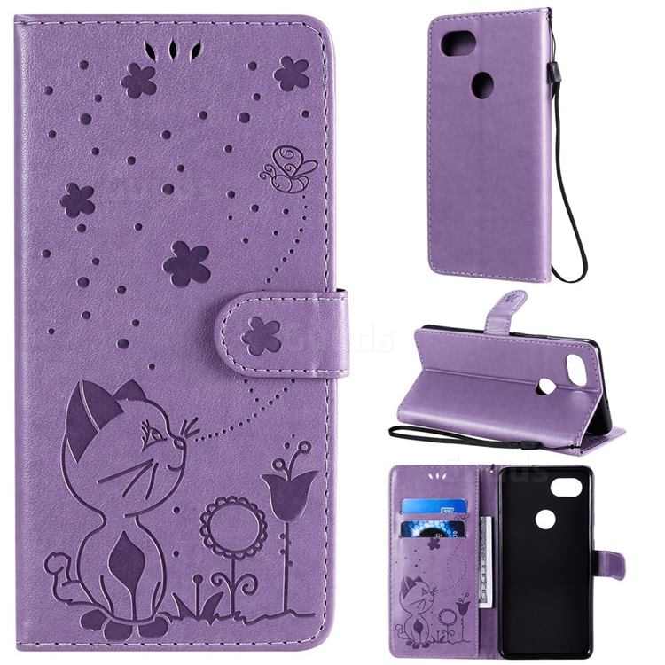Embossing Bee and Cat Leather Wallet Case for Google Pixel 2 XL - Purple