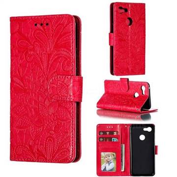 Intricate Embossing Lace Jasmine Flower Leather Wallet Case for Google Pixel 3 - Red