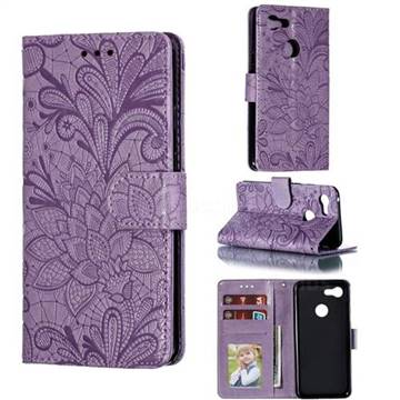Intricate Embossing Lace Jasmine Flower Leather Wallet Case for Google Pixel 3 - Purple