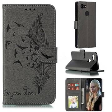 Intricate Embossing Lychee Feather Bird Leather Wallet Case for Google Pixel 3 - Gray