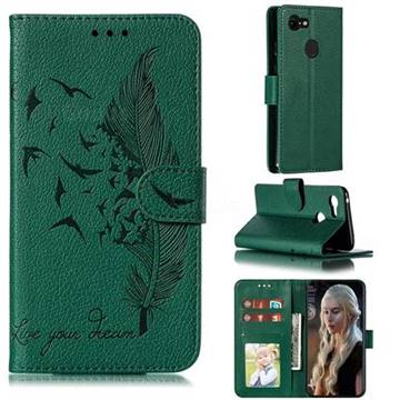 Intricate Embossing Lychee Feather Bird Leather Wallet Case for Google Pixel 3 - Green