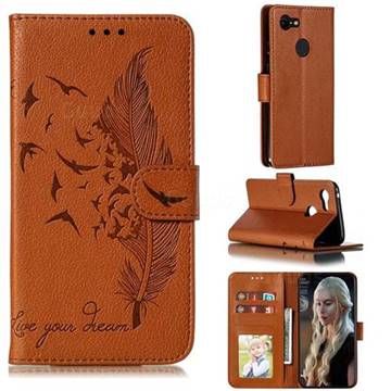 Intricate Embossing Lychee Feather Bird Leather Wallet Case for Google Pixel 3 - Brown