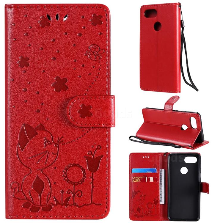 Embossing Bee and Cat Leather Wallet Case for Google Pixel 3 - Red