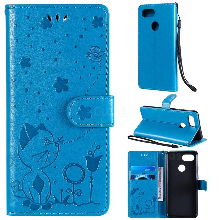Embossing Bee and Cat Leather Wallet Case for Google Pixel 3 - Blue
