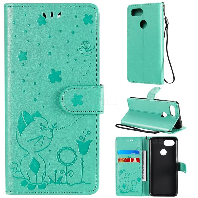 Embossing Bee and Cat Leather Wallet Case for Google Pixel 3 - Green