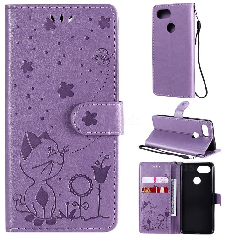 Embossing Bee and Cat Leather Wallet Case for Google Pixel 3 - Purple