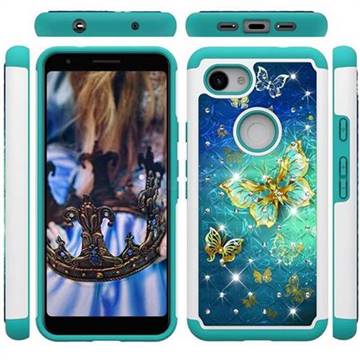 Gold Butterfly Studded Rhinestone Bling Diamond Shock Absorbing Hybrid Defender Rugged Phone Case Cover for Google Pixel 3A