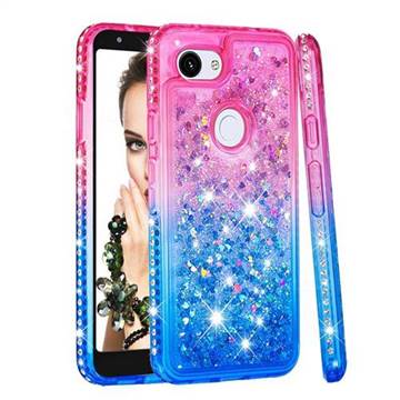 Diamond Frame Liquid Glitter Quicksand Sequins Phone Case for Google Pixel 3A - Pink Blue