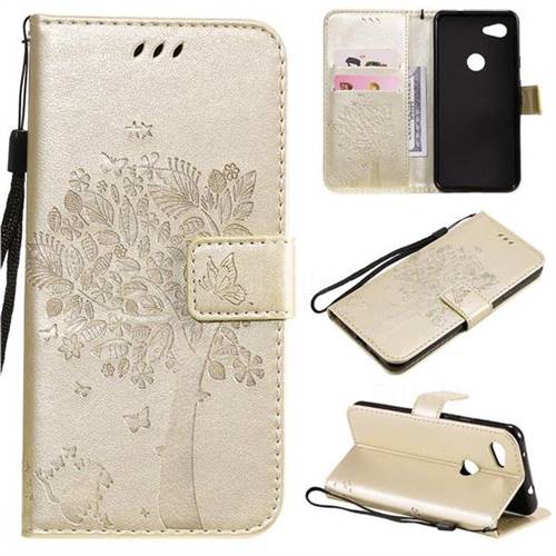 Embossing Butterfly Tree Leather Wallet Case for Google Pixel 3A - Champagne