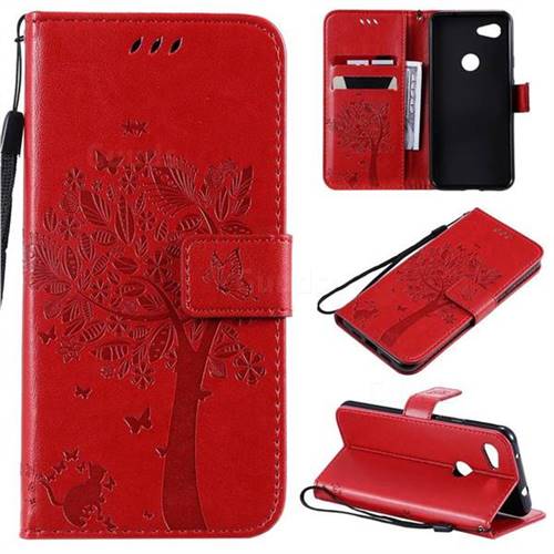 Embossing Butterfly Tree Leather Wallet Case for Google Pixel 3A - Red