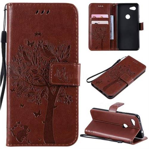 Embossing Butterfly Tree Leather Wallet Case for Google Pixel 3A - Coffee