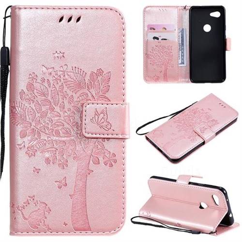 Embossing Butterfly Tree Leather Wallet Case for Google Pixel 3A - Rose Pink