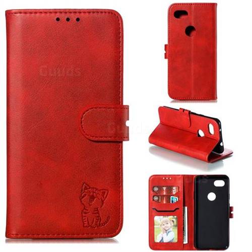 Embossing Happy Cat Leather Wallet Case for Google Pixel 3A - Red