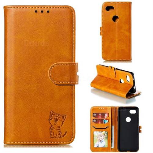 Embossing Happy Cat Leather Wallet Case for Google Pixel 3A - Yellow