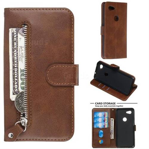 Retro Luxury Zipper Leather Phone Wallet Case for Google Pixel 3A - Brown