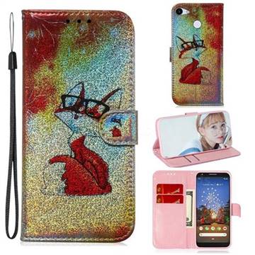 Glasses Fox Laser Shining Leather Wallet Phone Case for Google Pixel 3A