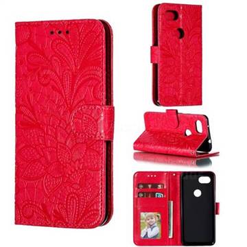 Intricate Embossing Lace Jasmine Flower Leather Wallet Case for Google Pixel 3A - Red