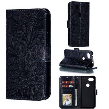 Intricate Embossing Lace Jasmine Flower Leather Wallet Case for Google Pixel 3A - Dark Blue