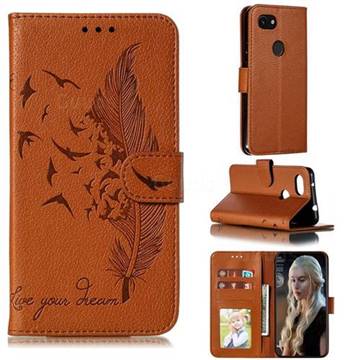 Intricate Embossing Lychee Feather Bird Leather Wallet Case for Google Pixel 3A - Brown