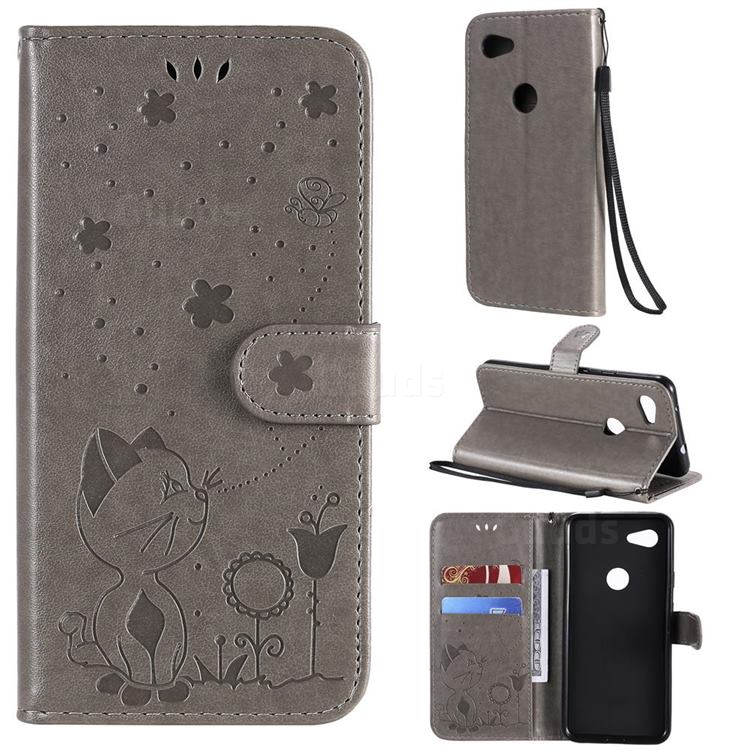 Embossing Bee and Cat Leather Wallet Case for Google Pixel 3A - Gray