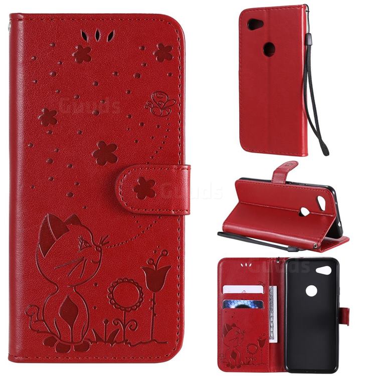 Embossing Bee and Cat Leather Wallet Case for Google Pixel 3A - Red