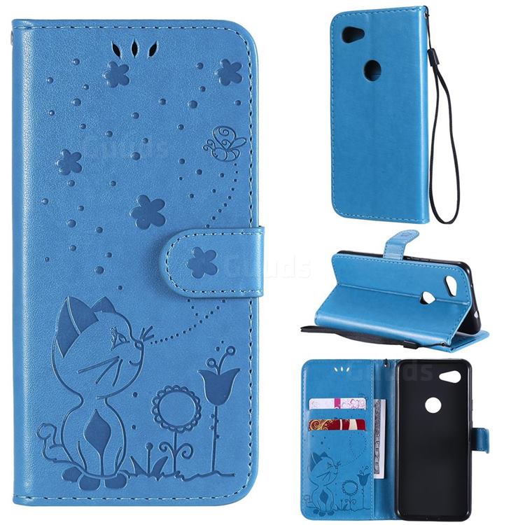 Embossing Bee and Cat Leather Wallet Case for Google Pixel 3A - Blue
