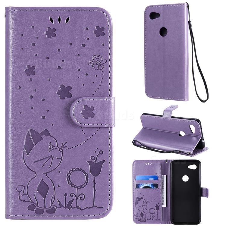 Embossing Bee and Cat Leather Wallet Case for Google Pixel 3A - Purple