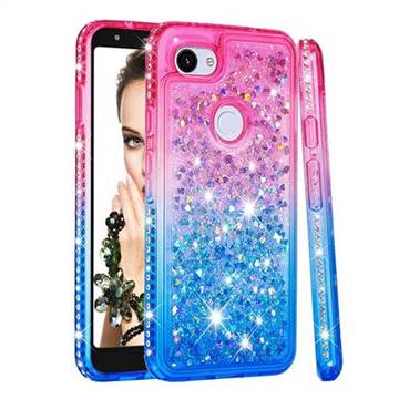 Diamond Frame Liquid Glitter Quicksand Sequins Phone Case for Google Pixel 3A XL - Pink Blue