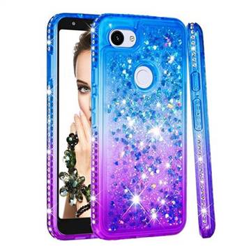 Diamond Frame Liquid Glitter Quicksand Sequins Phone Case for Google Pixel 3A XL - Blue Purple