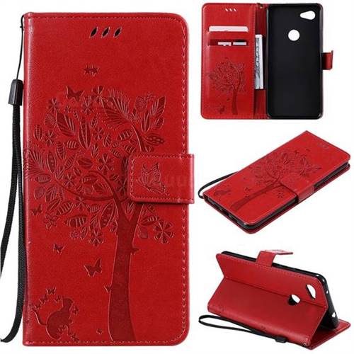 Embossing Butterfly Tree Leather Wallet Case for Google Pixel 3A XL - Red