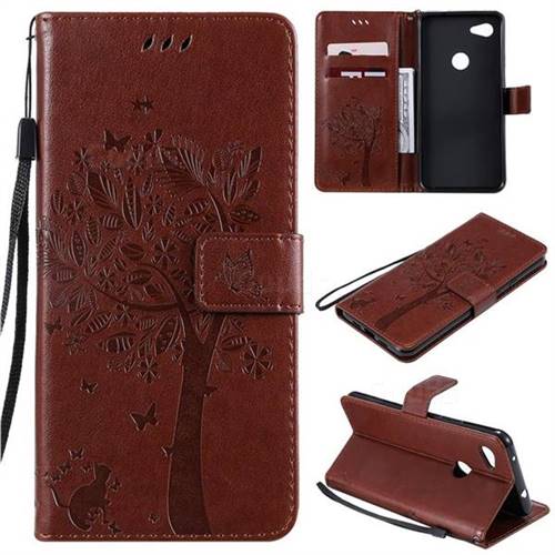 Embossing Butterfly Tree Leather Wallet Case for Google Pixel 3A XL - Coffee