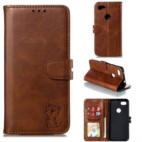 Embossing Happy Cat Leather Wallet Case for Google Pixel 3A XL - Brown