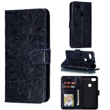 Intricate Embossing Lace Jasmine Flower Leather Wallet Case for Google Pixel 3A XL - Dark Blue