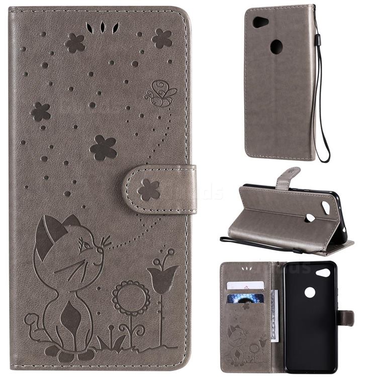 Embossing Bee and Cat Leather Wallet Case for Google Pixel 3A XL - Gray