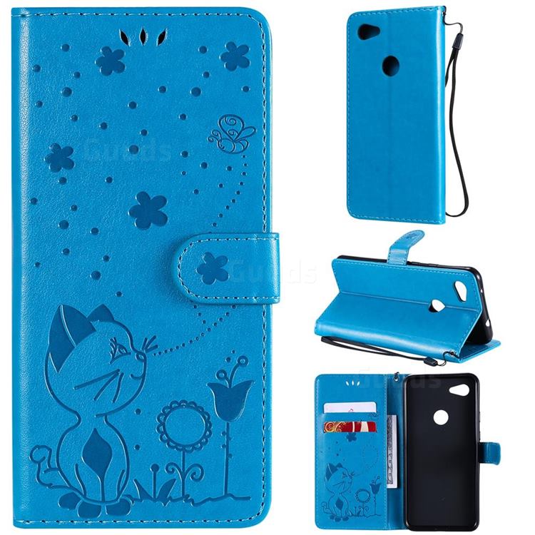 Embossing Bee and Cat Leather Wallet Case for Google Pixel 3A XL - Blue