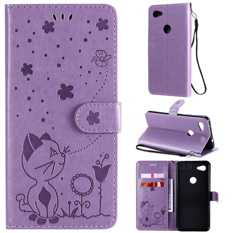 Embossing Bee and Cat Leather Wallet Case for Google Pixel 3A XL - Purple