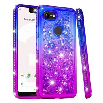 Diamond Frame Liquid Glitter Quicksand Sequins Phone Case for Google Pixel 3 XL - Blue Purple
